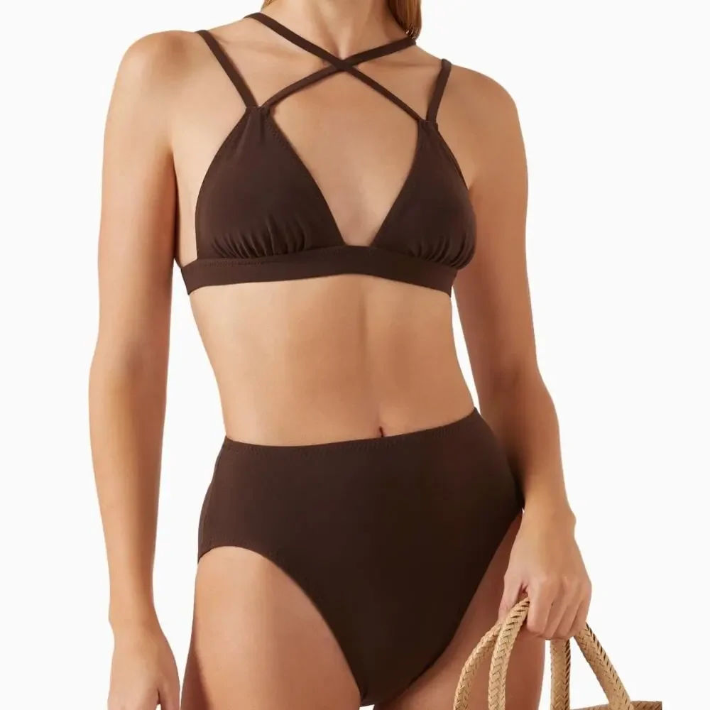 Norma Kamali Bikini Size XL Set Brown Jog Bra & High Waist Full Coverage Bottoms